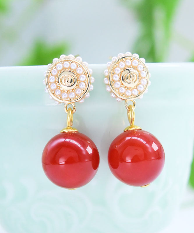 Elegant Red Sterling Silver Agate Pearl Drop Earrings