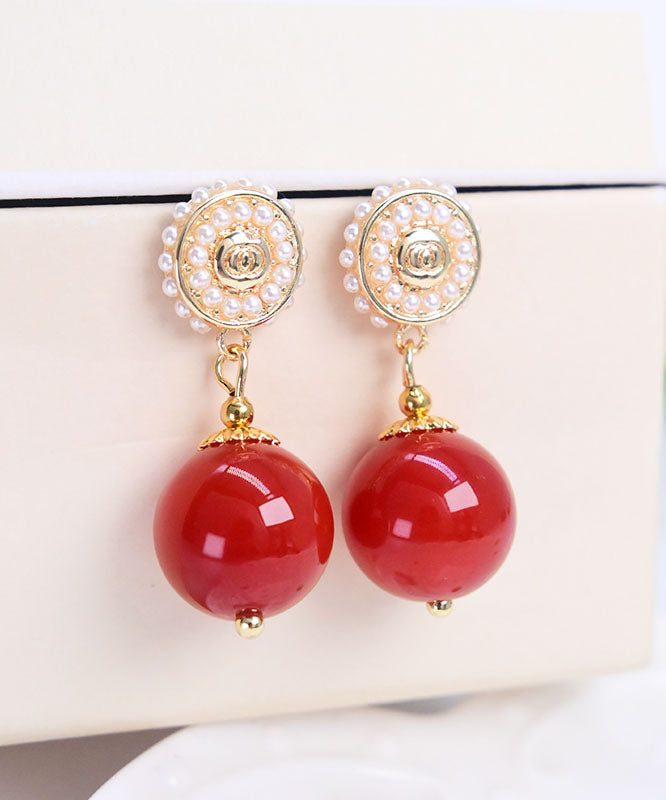 Elegant Red Sterling Silver Agate Pearl Drop Earrings