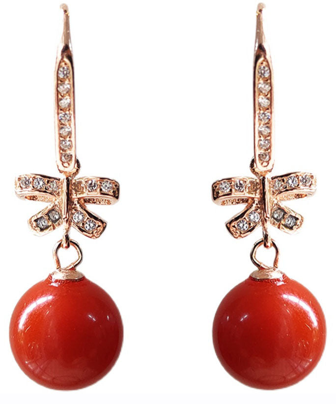 Elegant Red Sterling Silver Overgild Zircon Butterfly Ball Drop Earrings