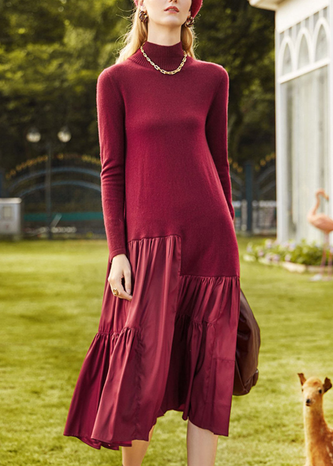 Elegant Red Turtleneck Patchwork Knit Long Dress Spring