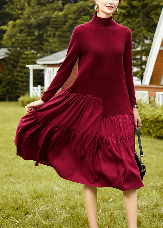 Elegant Red Turtleneck Patchwork Knit Long Dress Spring