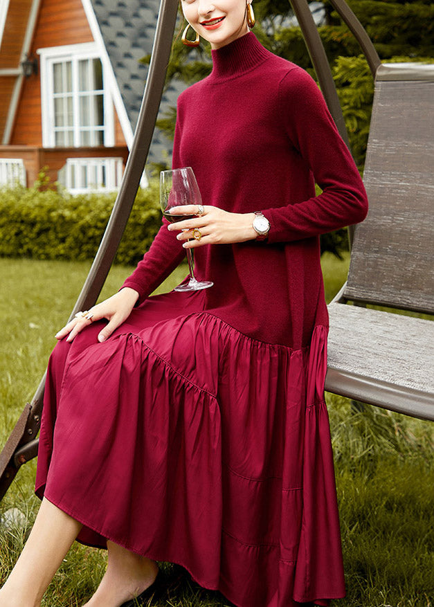 Elegant Red Turtleneck Patchwork Knit Long Dress Spring