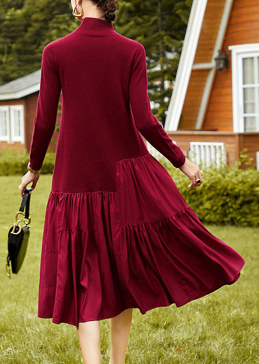 Elegant Red Turtleneck Patchwork Knit Long Dress Spring