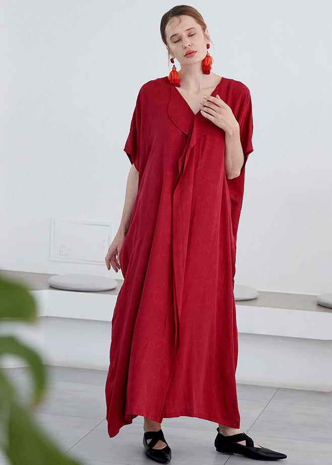 Elegant Red V Neck Jacquard Patchwork Cotton Robe Dresses Summer