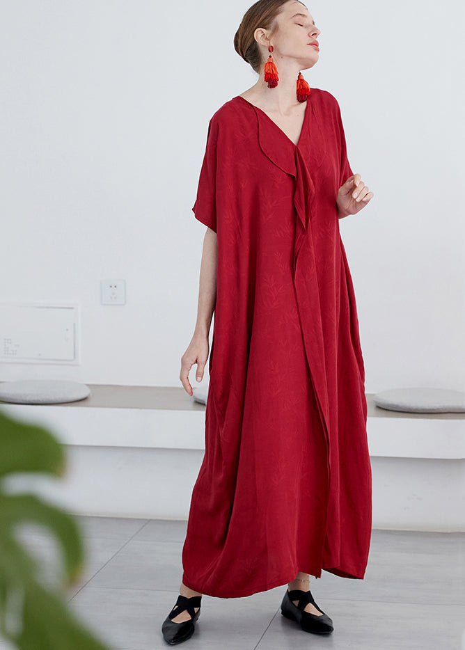 Elegant Red V Neck Jacquard Patchwork Cotton Robe Dresses Summer
