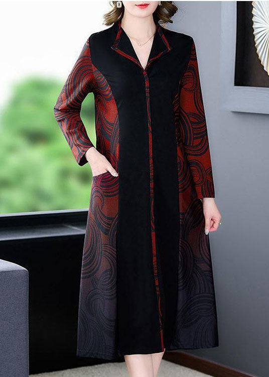 Elegant Red V Neck Patchwork Print Silk Cinch Dress Fall