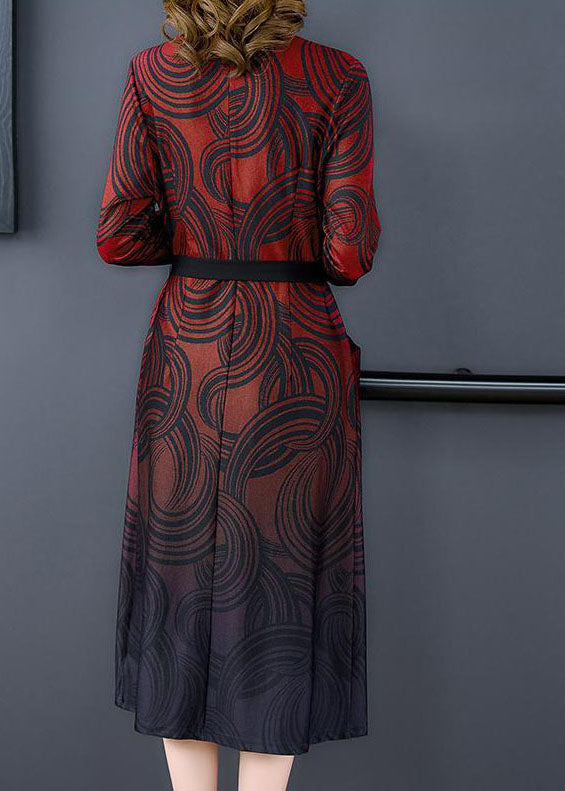 Elegant Red V Neck Patchwork Print Silk Cinch Dress Fall