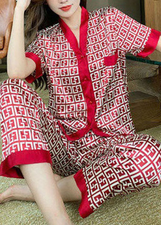 Elegant Red V Neck Print Patchwork Ice Silk Pajamas Two Pieces Set Summer