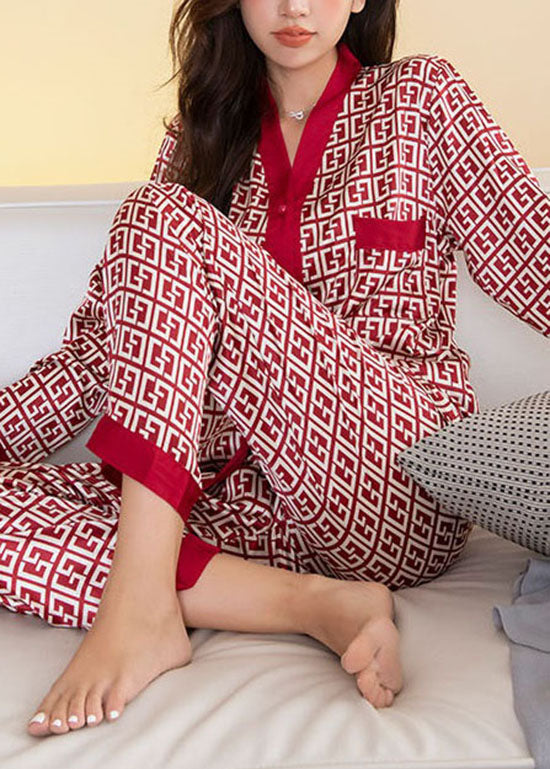 Elegant Red V Neck Print Patchwork Ice Silk Pajamas Two Pieces Set Summer