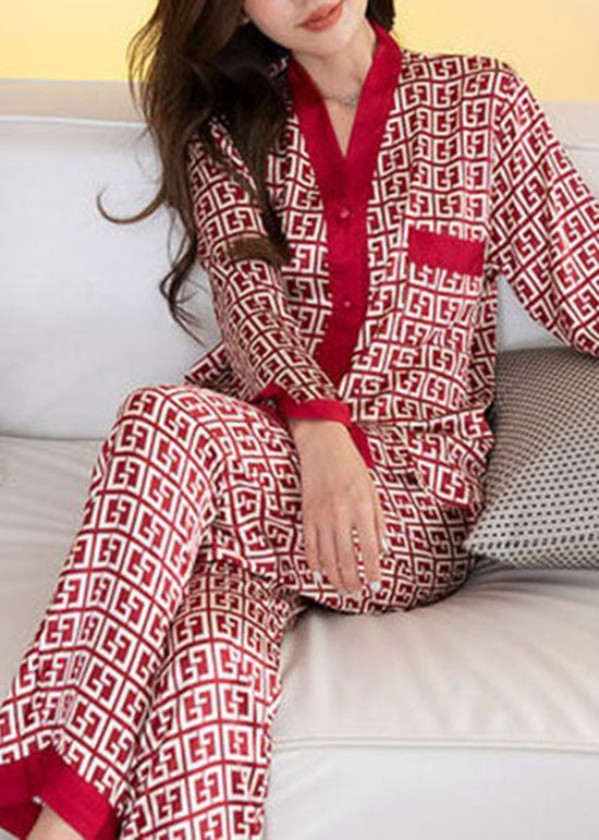 Elegant Red V Neck Print Patchwork Ice Silk Pajamas Two Pieces Set Summer