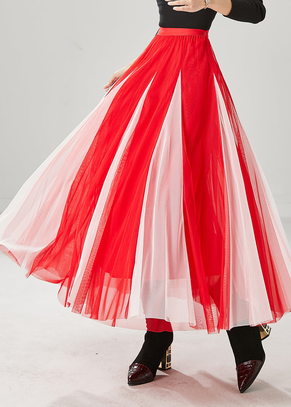 Elegant Red Wrinkled Patchwork Tulle Skirts Spring