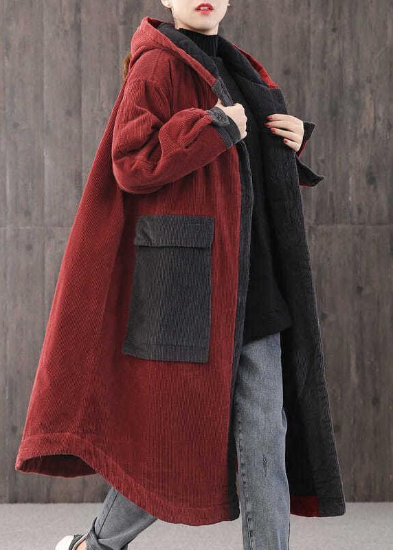 Elegant Red hooded Pockets Button Winter Coat Long sleeve - Omychic