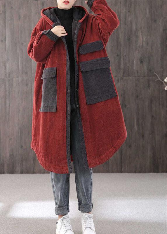 Elegant Red hooded Pockets Button Winter Coat Long sleeve - Omychic