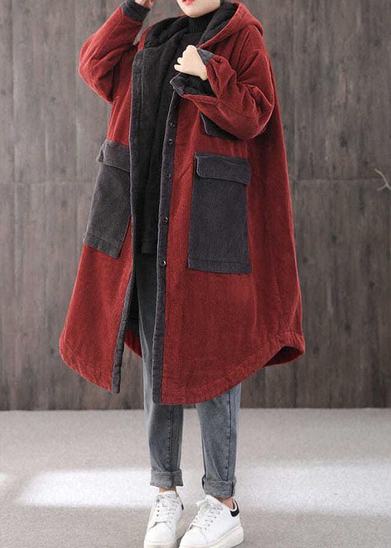 Elegant Red hooded Pockets Button Winter Coat Long sleeve - Omychic