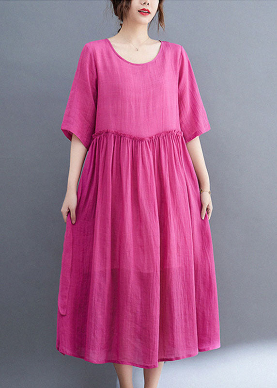 Elegant Rose O-Neck Ruffled Exra Large Hem Solid Color Linen Holiday Dress Half Sleeve