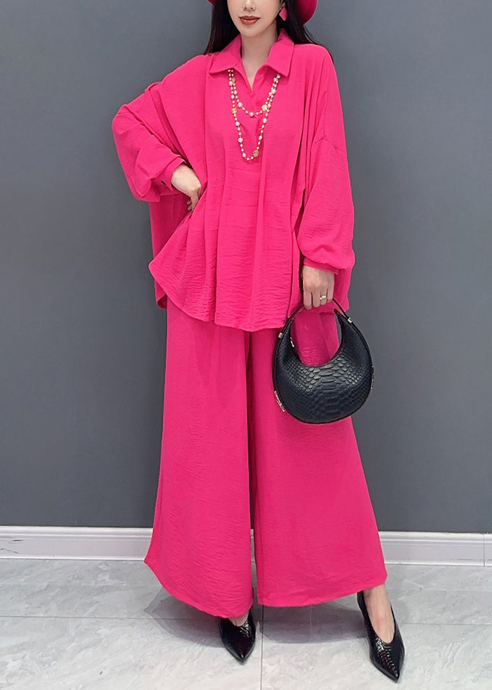 Elegant Rose Tops And Wide Leg Pants Cotton Two Pieces Set Spring