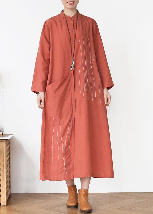 Elegant Rubber red Pockets Linen long clothes Spring Trench - Omychic