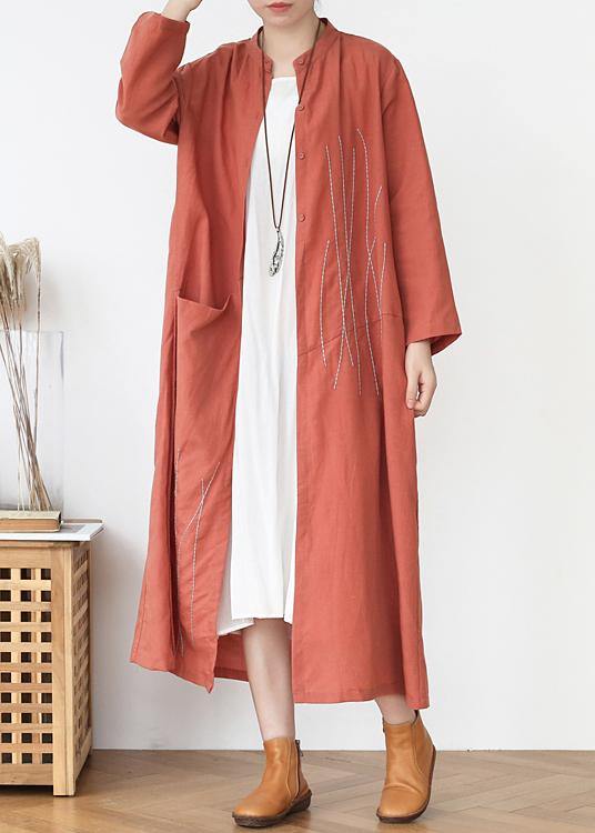 Elegant Rubber red Pockets Linen long clothes Spring Trench - Omychic