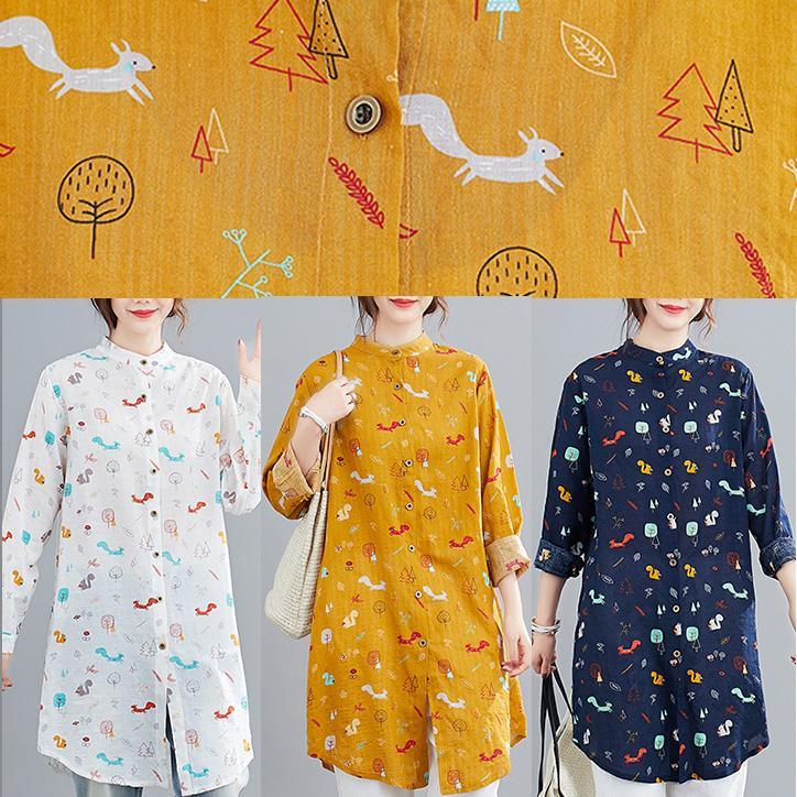Elegant Stand Collar Spring Tunic Ppattern Work Outfits Blue Animal Design Shirts - Omychic