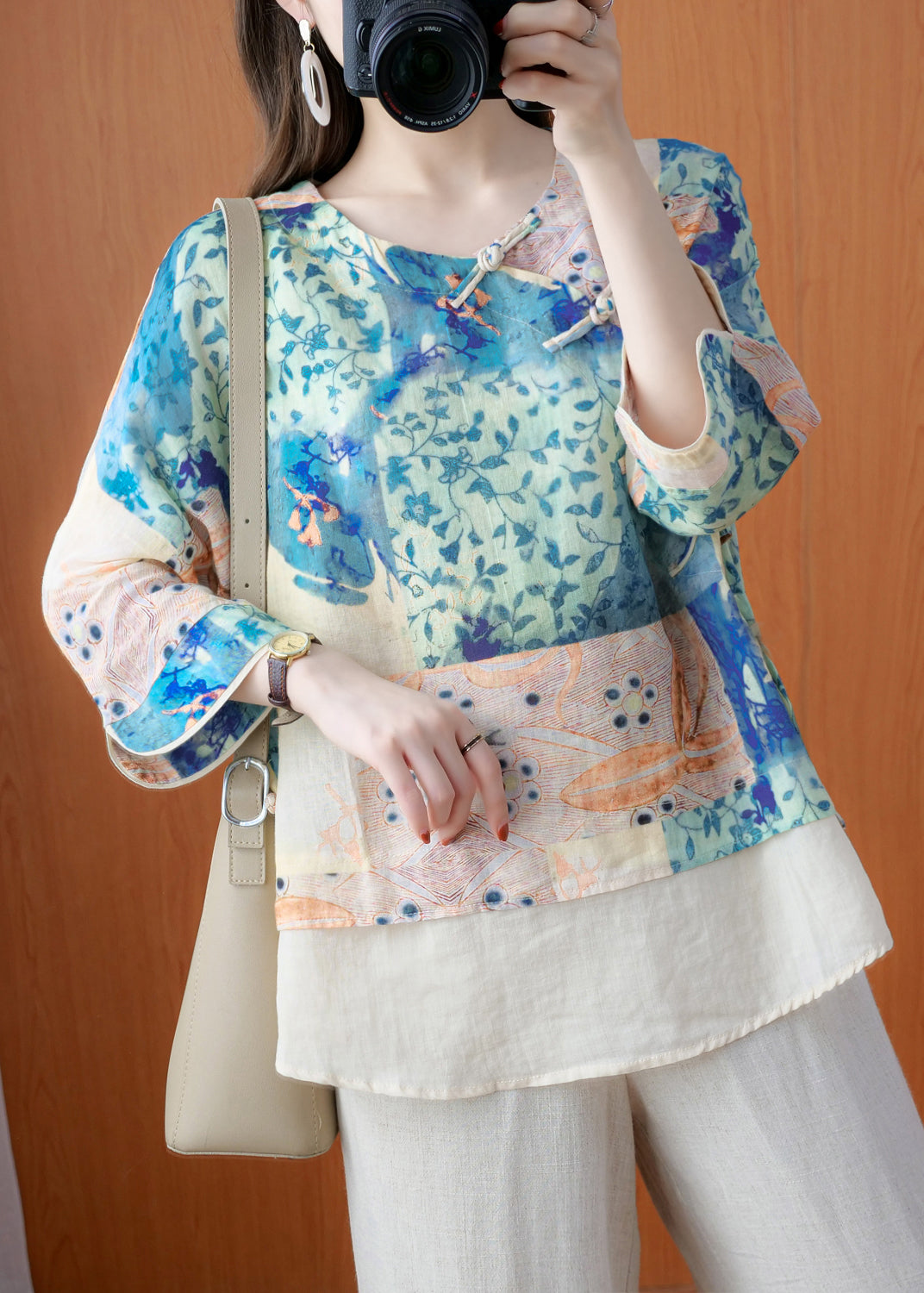 Elegant V Neck side open Print Fake Two Piece Linen Tops Long Sleeve