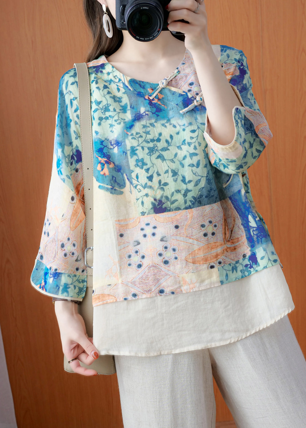 Elegant V Neck side open Print Fake Two Piece Linen Tops Long Sleeve