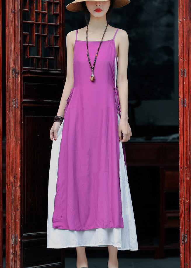 Elegant Violet Tie Waist Cotton Fake Two Piece Spaghetti Strap Dress Summer