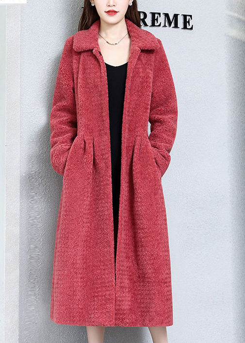 Elegant Watermelon Red Peter Pan Collar Thick Cashmere Trench Winter