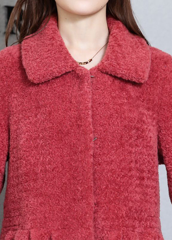 Elegant Watermelon Red Peter Pan Collar Thick Cashmere Trench Winter