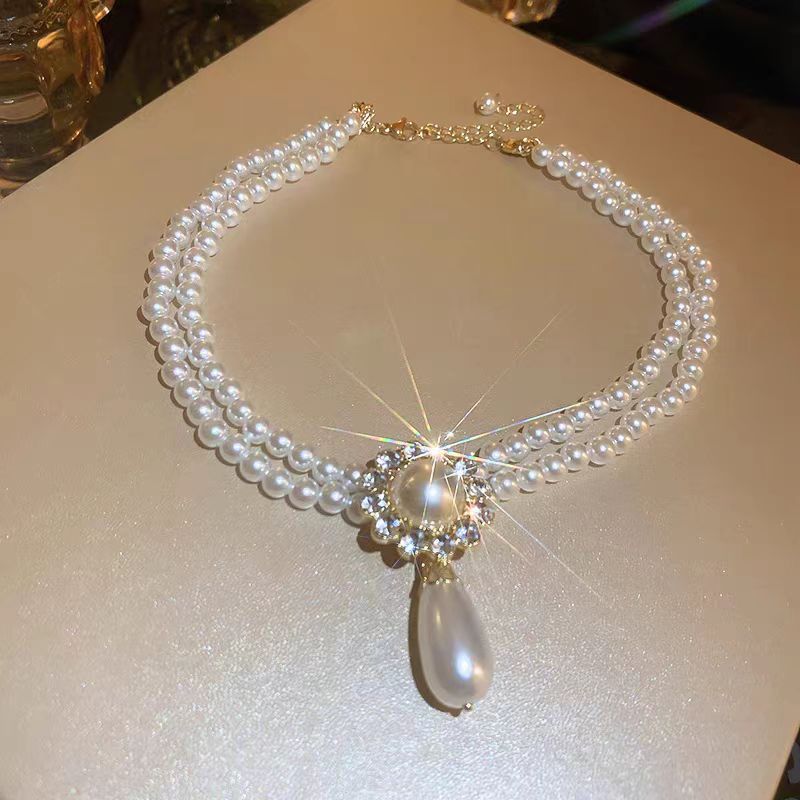 Elegant White Alloy Zircon Double Layered Pearl Water Drop Pendant Necklace