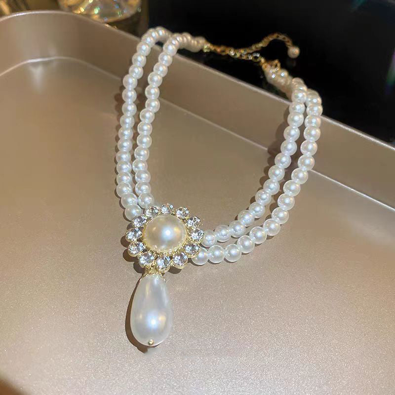 Elegant White Alloy Zircon Double Layered Pearl Water Drop Pendant Necklace
