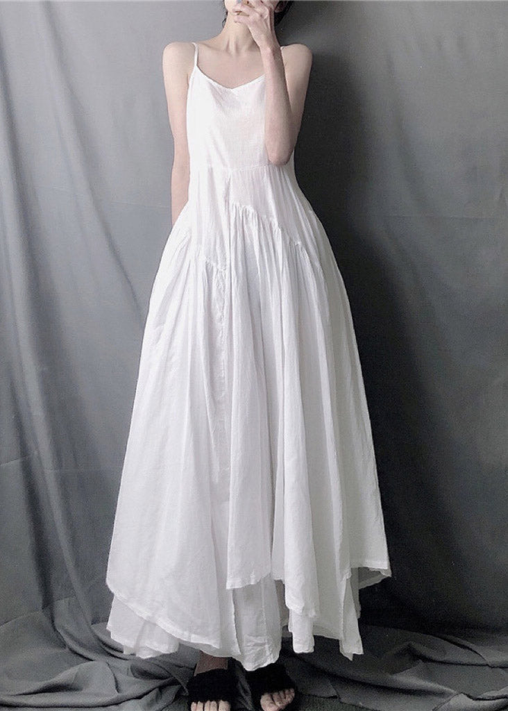 Elegant White Asymmetrical Layered Wrinkled Spaghetti Strap Long Dress Sleeveless - Omychic