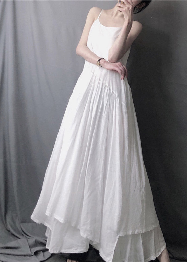 Elegant White Asymmetrical Layered Wrinkled Spaghetti Strap Long Dress Sleeveless - Omychic