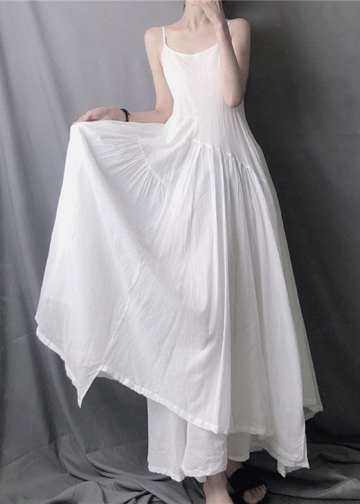 Elegant White Asymmetrical Layered Wrinkled Spaghetti Strap Long Dress Sleeveless - Omychic