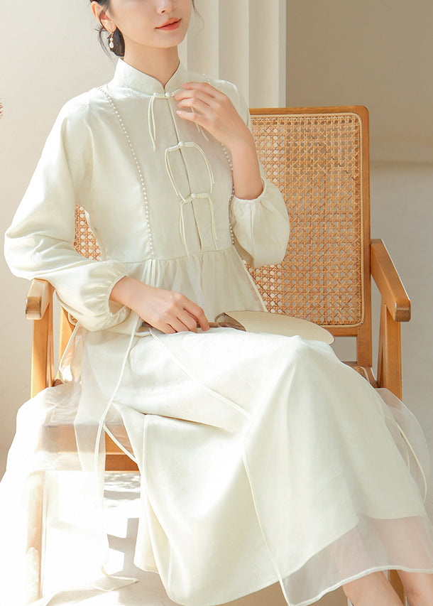 Elegant White Chinese Button Silm Fit Silk Dress Fall