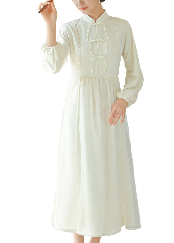 Elegant White Chinese Button Silm Fit Silk Dress Fall