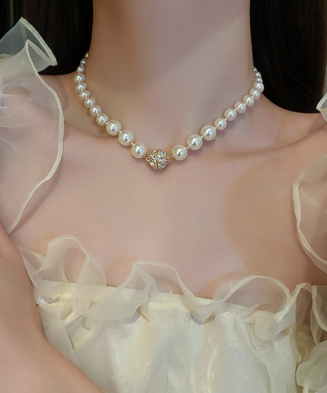 Elegant White Copper Pearl Zircon Collar Necklace