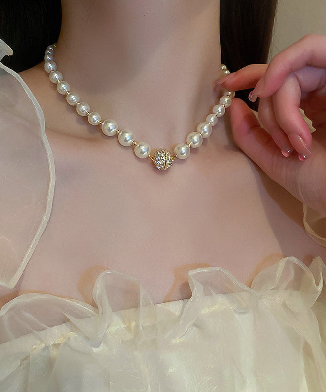 Elegant White Copper Pearl Zircon Collar Necklace