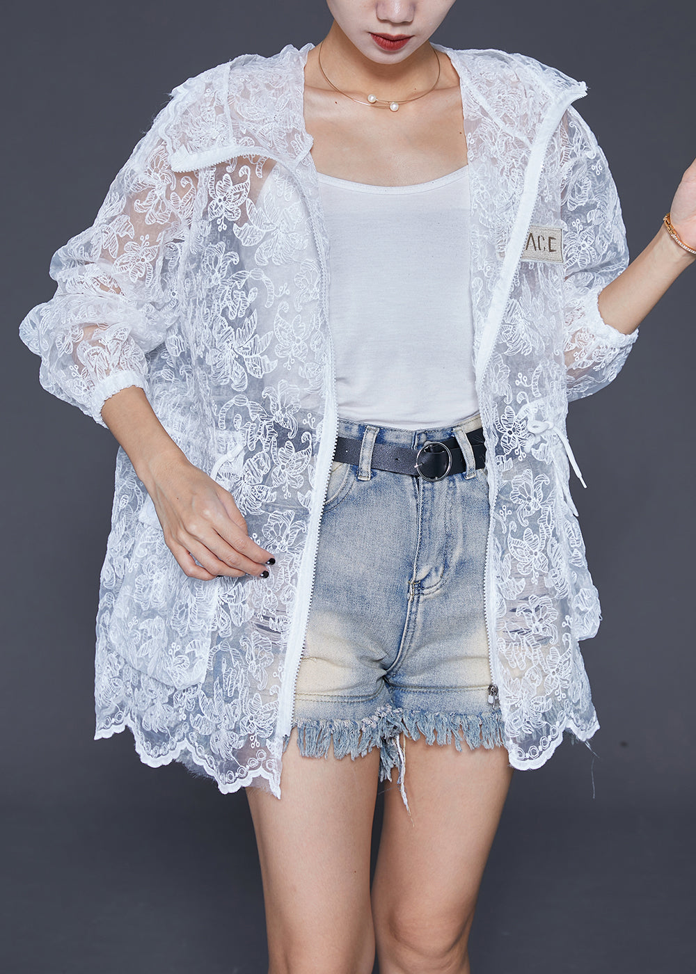 Elegant White Embroideried Drawstring Pockets Cotton Coat Outwear Fall