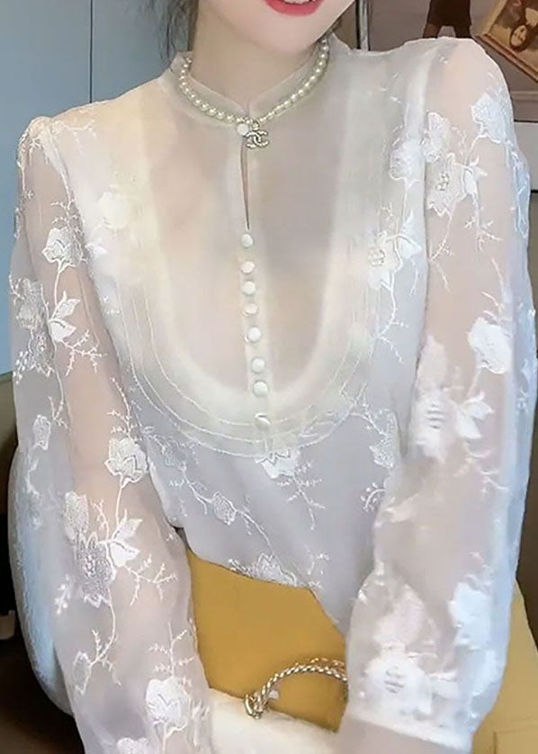 Elegant White Embroidered Patchwork Chiffon Shirt Top Spring