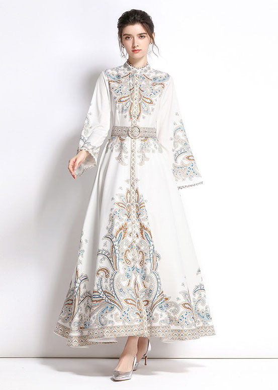 Elegant White Embroidered Patchwork Cotton Extra Large Hem Long Dresses Flare Sleeve