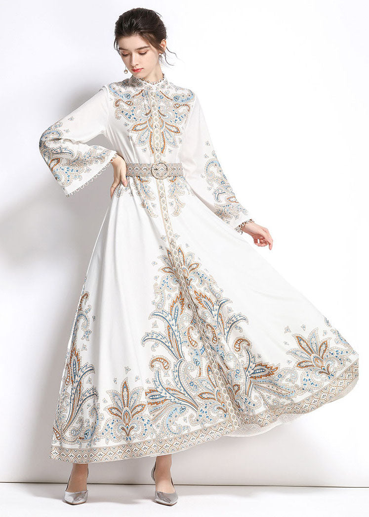 Elegant White Embroideried Patchwork Cotton Exra Large Hem Long Dresses Flare Sleeve