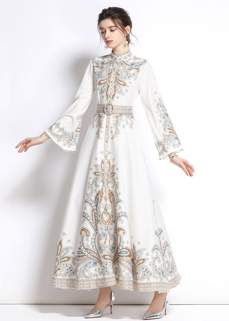 Elegant White Embroideried Patchwork Cotton Exra Large Hem Long Dresses Flare Sleeve