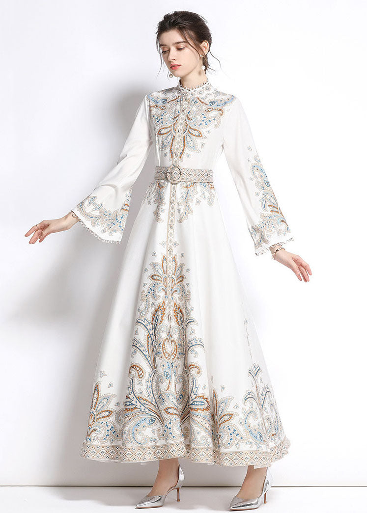 Elegant White Embroidered Patchwork Cotton Extra Large Hem Long Dresses Flare Sleeve