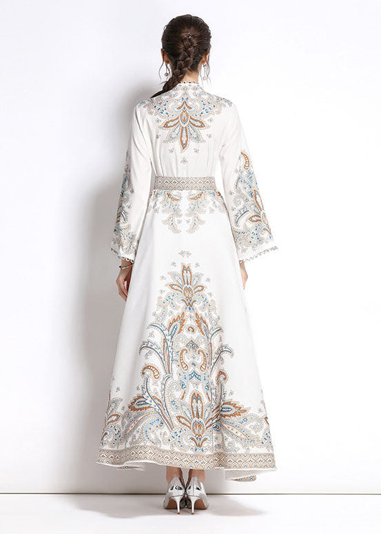 Elegant White Embroidered Patchwork Cotton Extra Large Hem Long Dresses Flare Sleeve