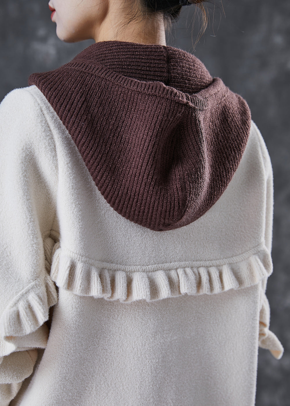 Elegant White Hooded Patchwork Ruffled Woolen Coats Spring