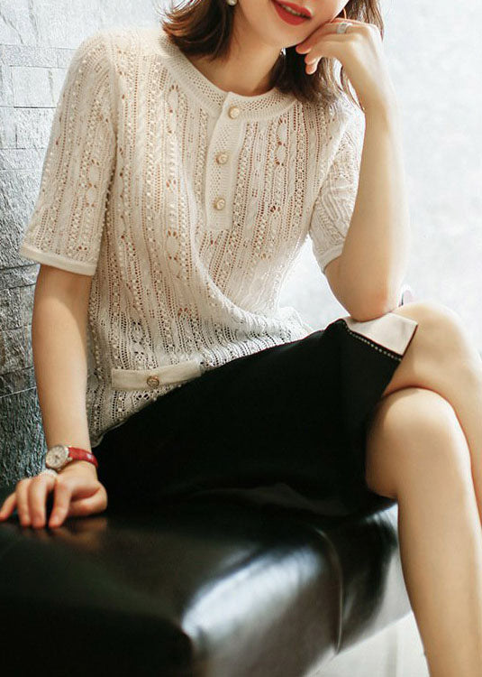 Elegant White Lace Hollow Out Patchwork Knit Shirts Short Sleeve