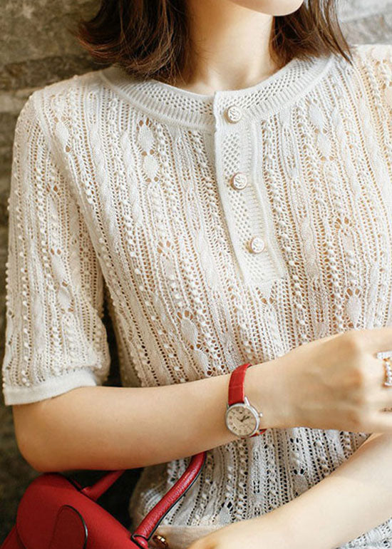 Elegant White Lace Hollow Out Patchwork Knit Shirts Short Sleeve