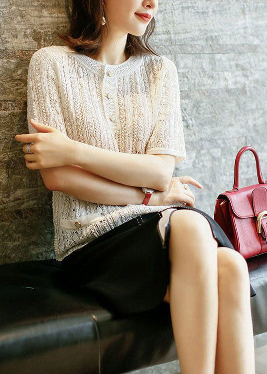 Elegant White Lace Hollow Out Patchwork Knit Shirts Short Sleeve