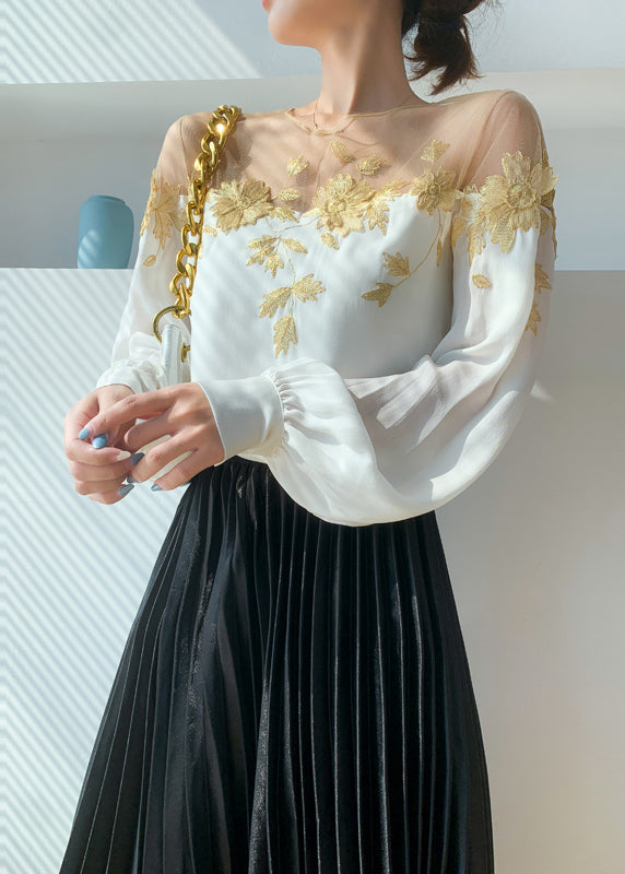 Elegant White O-Neck Embroidered Floral Patchwork Silk Shirt Long Sleeve