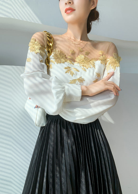 Elegant White O-Neck Embroidered Floral Patchwork Silk Shirt Long Sleeve